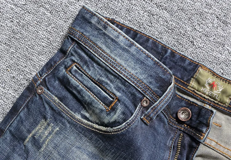 Итальянские винтажные Дизайнерские мужские джинсы, облегающие хлопковые длинные штаны, рваные джинсы синего цвета, высококачественные Брендовые мужские джинсы