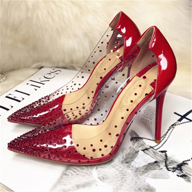 

2019 new transparent rhinestone pointed shoes women's high heel stiletto single shoes crystal wedding shoes.