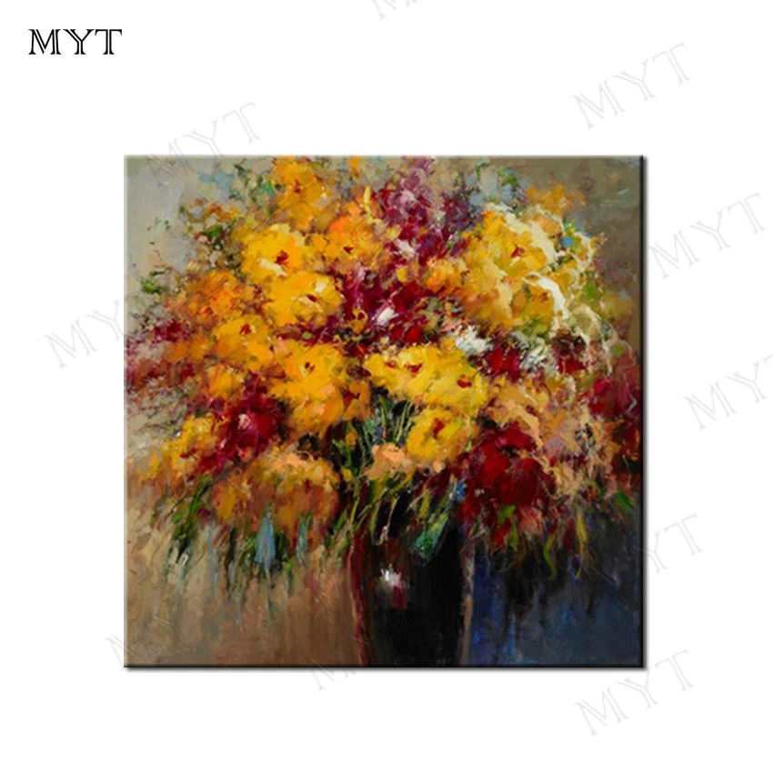 MYT Free Shipping Modern Abstract Yellow Flowers Painting Wall Art Canvas Handmade Oil Painting