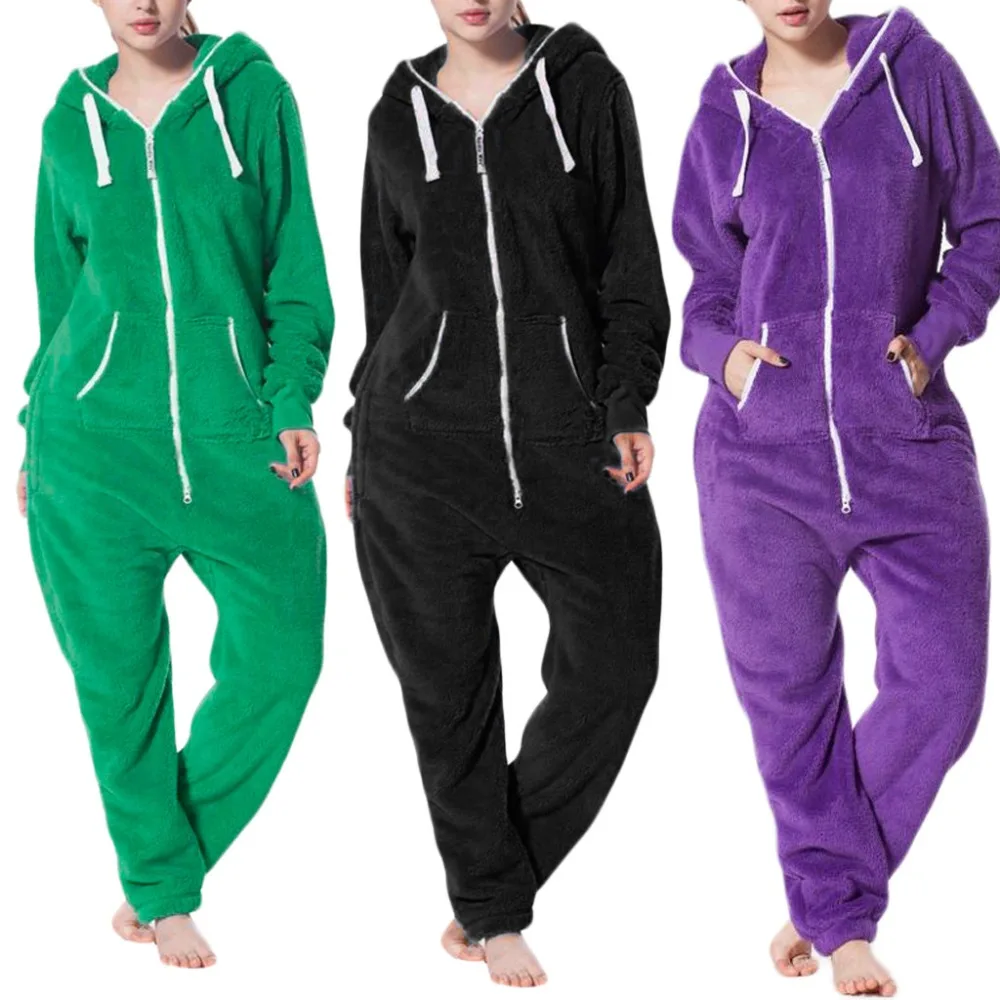 

Womens Pure Color Comfy Brushed Plush Thickening Zipper One Piece Jumpsuit With Hooded Pocket Winter Warm Clothes Romper Hot