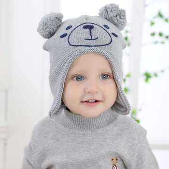 

Bear Baby Warm Beanie Hat Toddler Kids Boys Girls Earflap Cap with Pompom Thick Knitting Cotton Liner Comfort Hat 2019 New Style