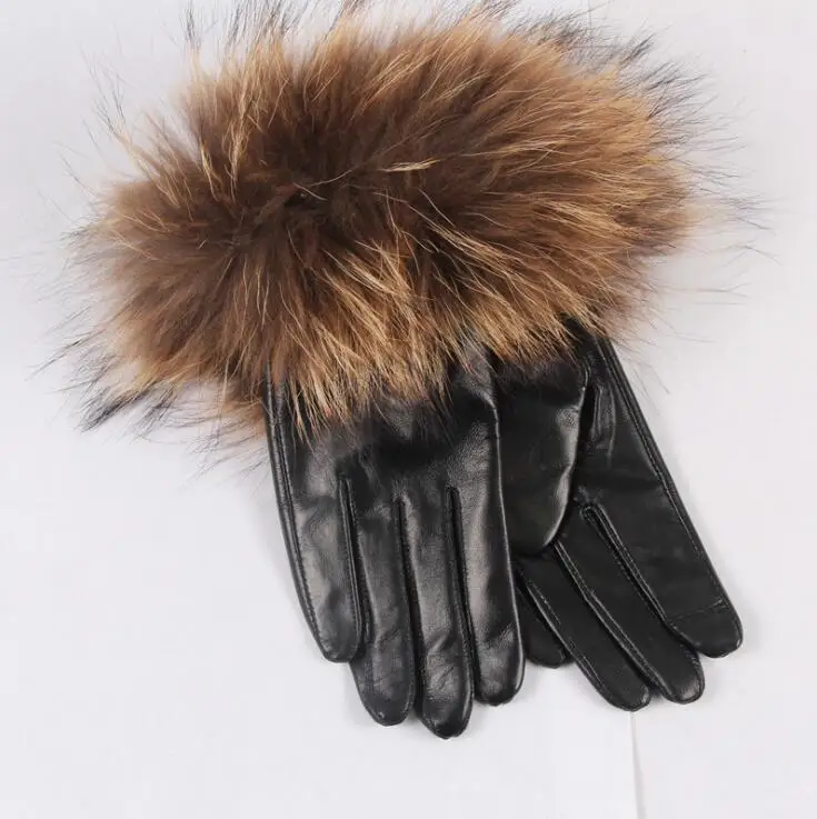 Высококачественные женские зимние перчатки из овчины, натуральный мех енота, перчатки из натуральной кожи, женские черные, красные - Цвет: Черный