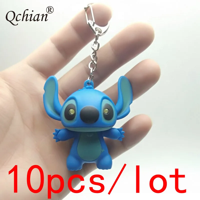 

10pcs/lot LED Glowing Sound Plastic Toys Blue Alien Monster Stitch Keychain Car Motorcycle Key Backpack Decoration Pendant Gift