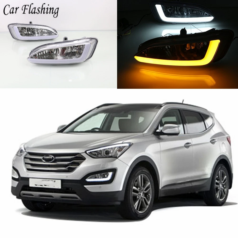 

Car Flashing 2Pcs LED Daytime Running Lights for Hyundai Santa Fe IX45 2013 2014 2015 DRL 12V Fog lamp Cover with turn signal