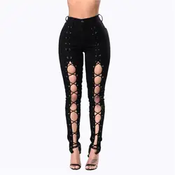 Adogirl Весна WinterBlack выдалбливают Slim Fit Leegings для женщин FashionDenim ткань повязки Высокая талия стрейч брюки девочек