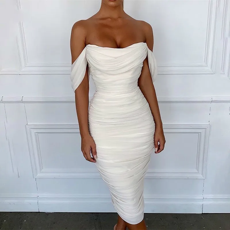 

Causey Mesh Bandage Dress Women 2019 Summer Off Shoulder Midi Bodycon Dress Strapless Backelss Sexy Party Dresses