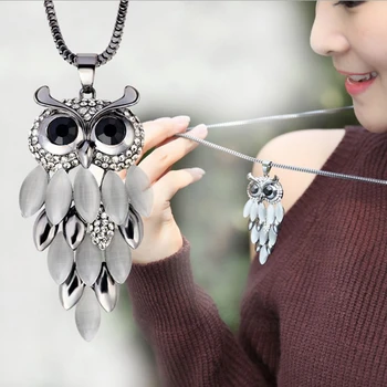 

6pcs Vintage Lovely Owl Pendant Rhinestone Long Sweater Box Chain Necklace For Women Jewelry Gift T-20