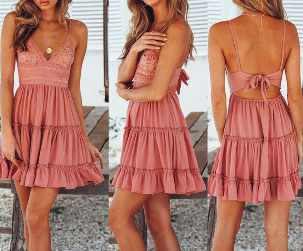 

2019 Summer Women Sundress Sexy Bow Backless V-neck Mini Beach Dresses Sleeveless Mini Ruffle White Summer Beach Dress