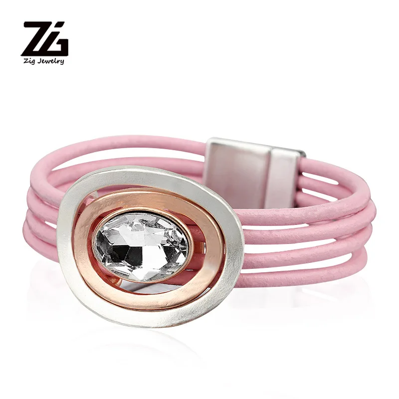 ZG модные серебряные кожаные браслеты для женщин несколько слоев кристалл браслет и браслеты украшения подарки - Окраска металла: pink