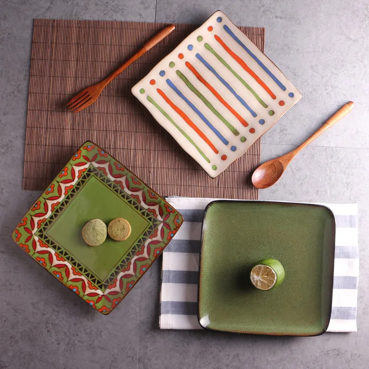 Креативная керамическая тарелка, персонализированная ручная роспись, квадратная плоская стильная тарелка для салата и фруктов, блюдо для еды