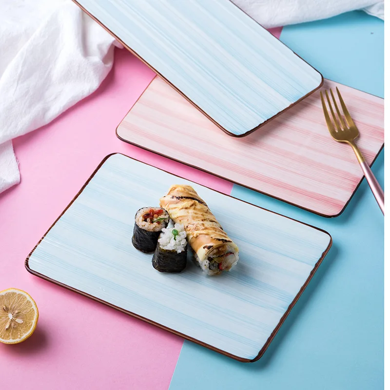 

Brief Rectangle Ceramic Plate Blue Pink Strip Porcelain Flat Plate Western Steak Sushi Saury Tray Party Nuts Snack Dishes Plate