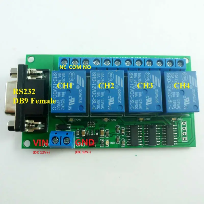 CE039 DC 12 В 4 канальная релейная плата RS232 PC USB UART DB9 дистанционный переключатель для