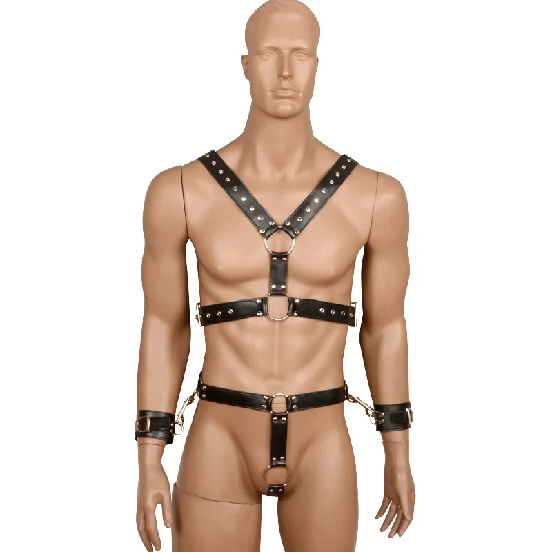 

New Leather Men's Fetish Body Harness Costumes Suit Bondage Chest Straps Chastity Pants with Handcuffs Gays Slave Role Dress