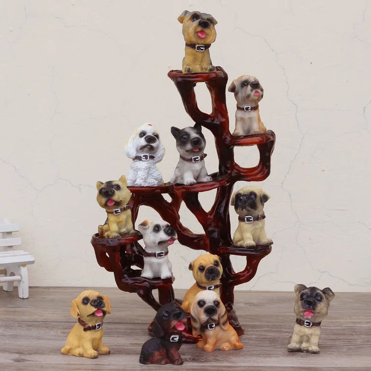 Best 12pcs Mini Cute Dogs with tree stand Home Crafts Decoration Bookcase Decorative Christmas Birthday Gift for Children
