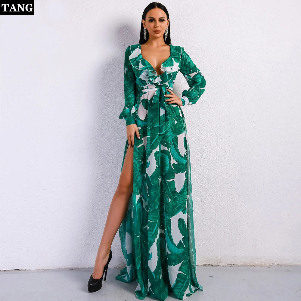 Sexy Dress New High Quality Runway 2019 Spring Summer Women Party Office Dress Elegant Boho Beach Printing Maxi Long Dresses (2)