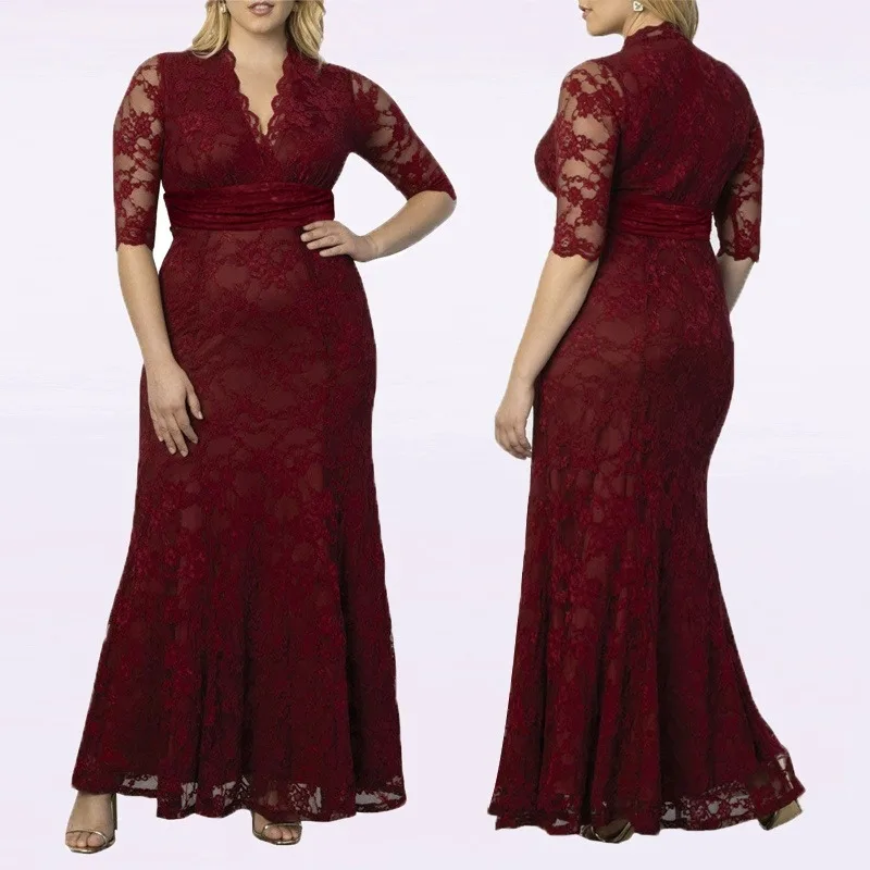 

Plus Size Mother Of The Bride Dresses Elegant Burgundy Mermaid V Neck Half Sleeve Long Lace Formal Party Gowns Robe De Soiree