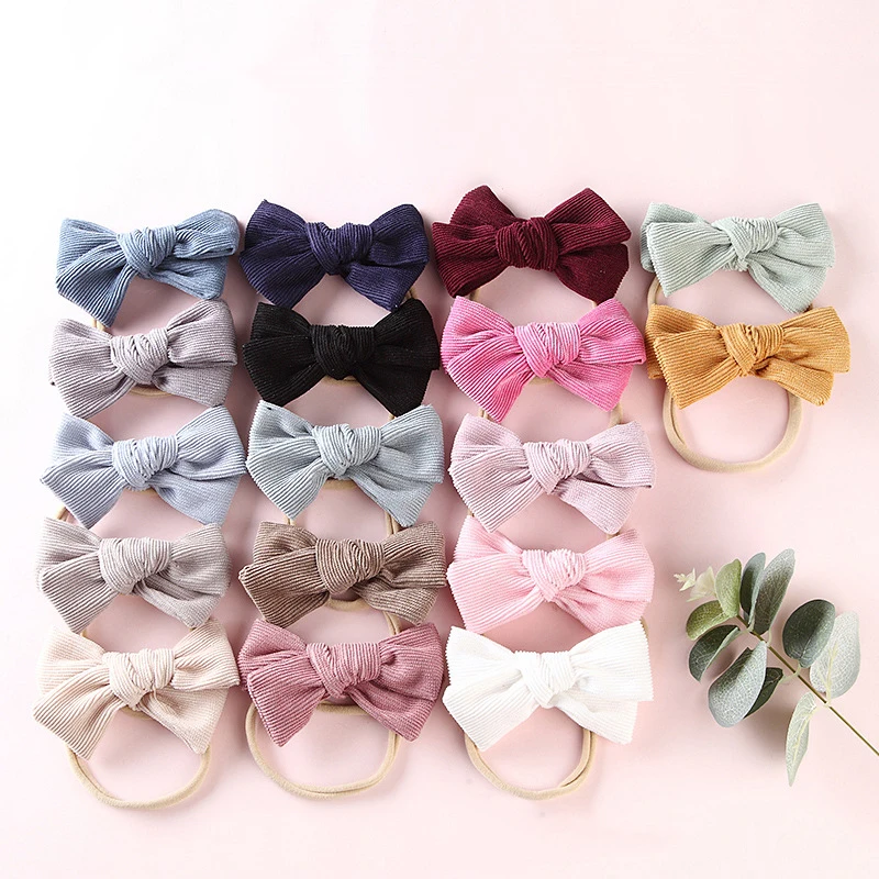 

20 pcs/lot Handtied Corduroy Bow Nylon Headbands Baby Girls Hair Accessory Newborn Baby Girls Photography Props Queenbaby