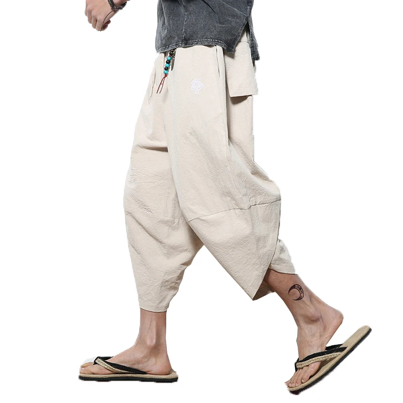 

2019 Men Crotch Harem Pants mens Summer Baggy Cotton Trousers Male Wild-leg Loose linen Calf-Length Pants Crotc Bloomers Pants