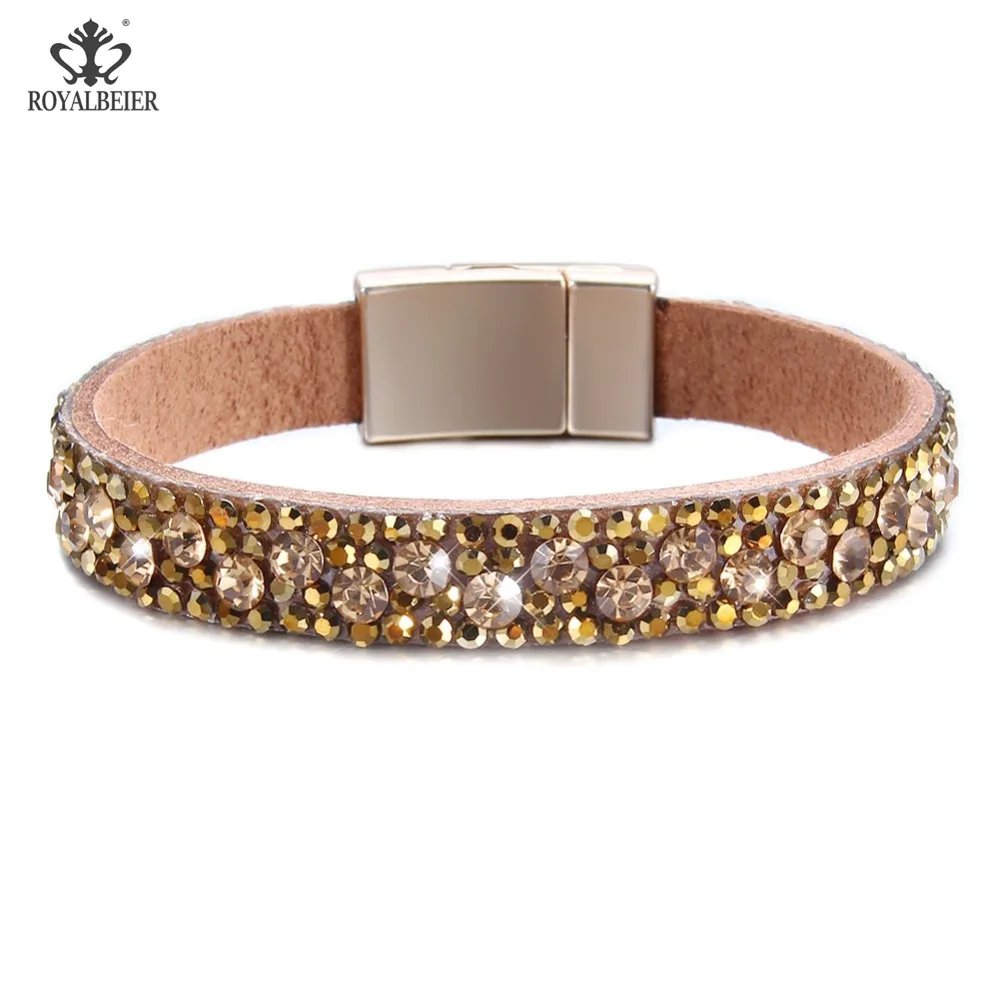 RoyalBeier кожаный магнит кристалл женский браслет Высокое качество классические широкие Стразы инкрустированные женские мягкие браслеты лучший подарок
