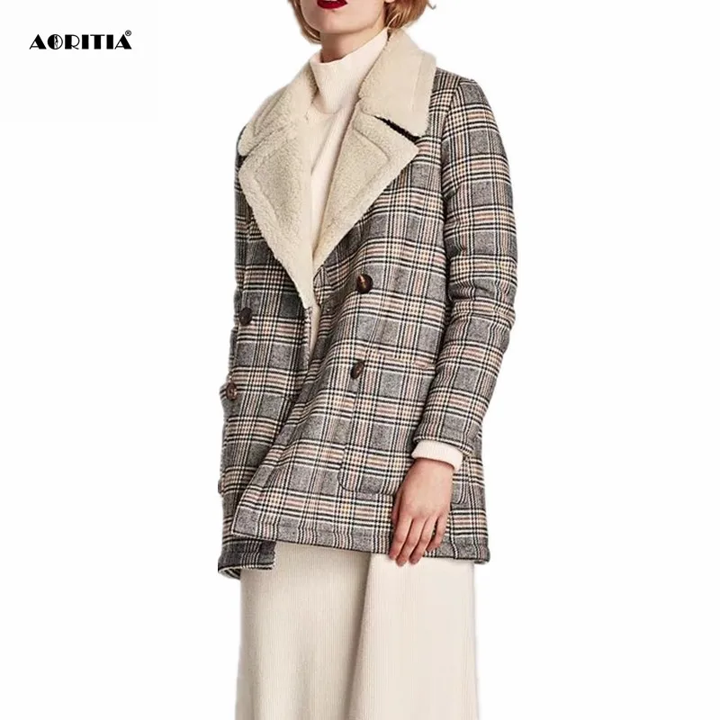 

2019 Winter Women Plaid Lamb Wool Coat Jacket Women Long-sleeve Jackets Manteau Femme Hiver