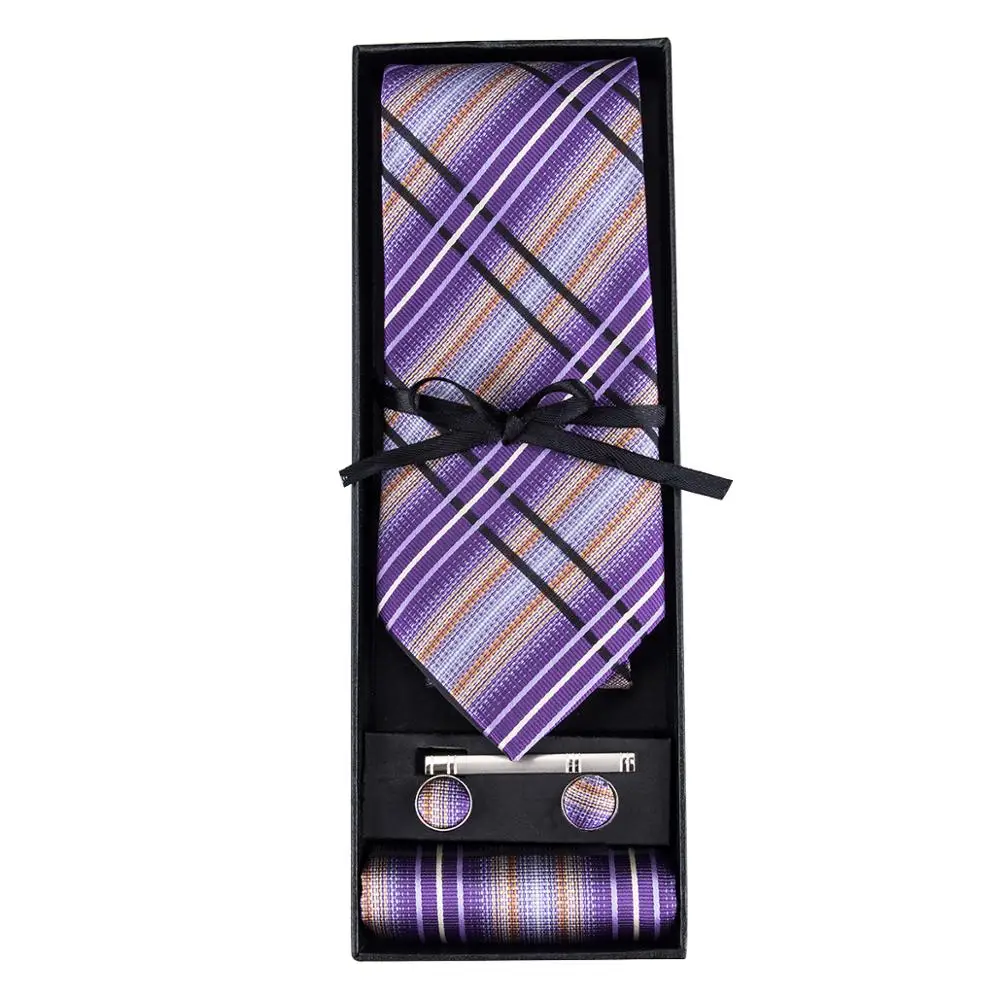 GB 457 Barry.Wang Mens Necktie Set With Gift Box Jacquard Woven Silk Purple Hanky Cufflinks Ties
