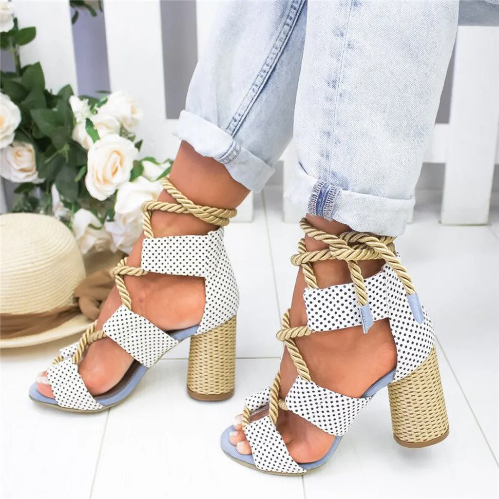 

SAGACE Shoes Fashion Women Summer Square Heels Shoes High Quality Flock Rope Ankle Strap Open Toe Sandals Zapatos Dropship May28