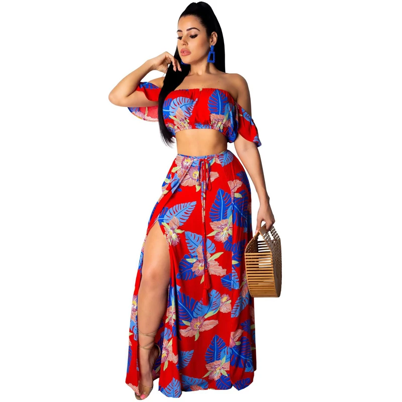 

LSZYOWS 2 Piece Set Women Floral Print Boho Beach Party Outfits Sexy Strapless Crop Top+Bandage Split Long Skirt Two Piece Suits