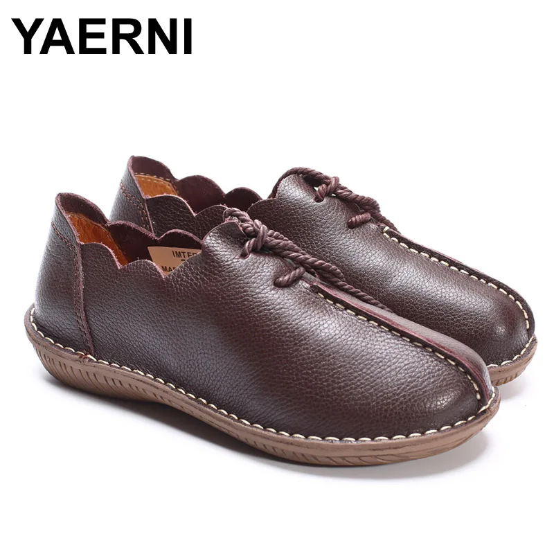 

YAERNI Women Flat Shoes 100% Genuine Leather Ladies Flat Shoes Casual Lace up Moccasins Shoes Female Footwear