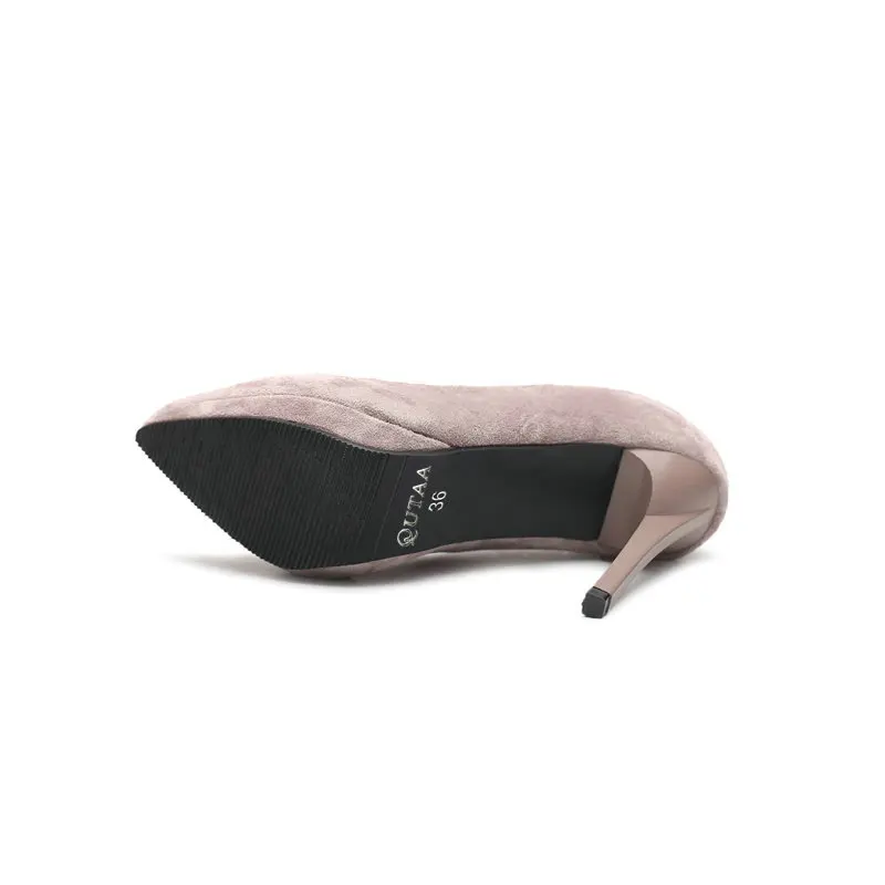 QUTAA/ женские туфли-лодочки пикантные тонкие туфли из флока на очень высоком тонком каблуке с острым носком модная обувь на платформе 2 см; размеры 34-43