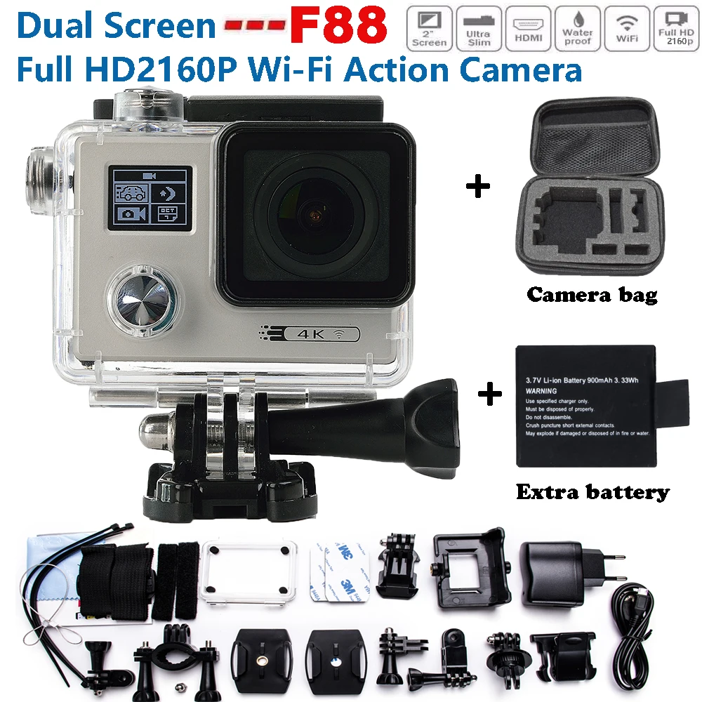 Add Camera Bag and two Battery Sport Action Camera Dual Screen 4K Ultra HD F88 WiFi extre Sports Camara Go pro Hero 4 Cam Style