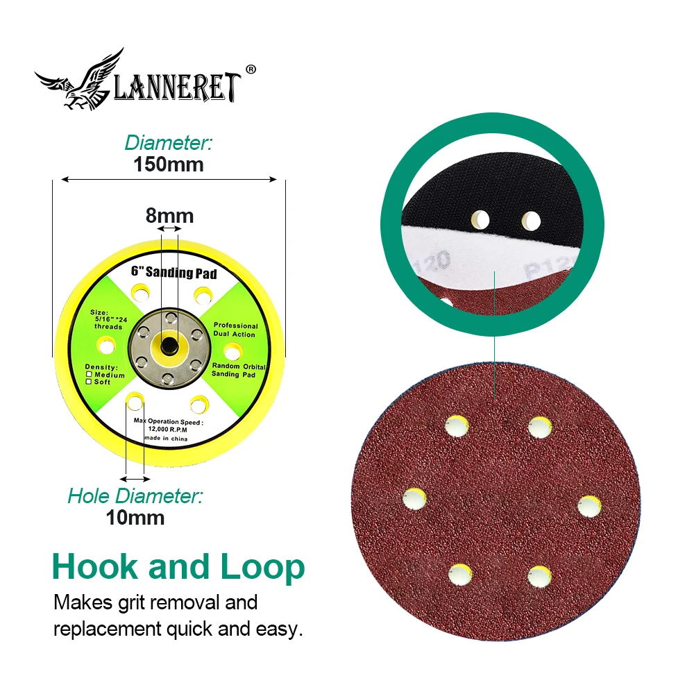 LANNERET 150 мм/125 мм 6-отверстия Флокирование наждачной бумаги присоска M8 нитки крюк и петля подложка 5 ''/6'' шлифовальный коврик