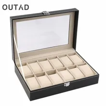 OUTAD 12 Slots Grid PU Leather Watch Boxes Display Box Jewelry Storage Organizer luxury Case locked Watch with Glass Top Winder