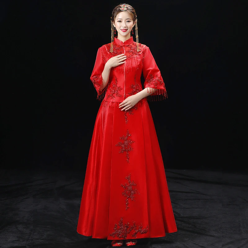 Красное свадебное платье в традиционном китайском стиле Qipao Национальный костюм женские за рубежом китайский стиль невесты вышивка Cheongsam s-xxl
