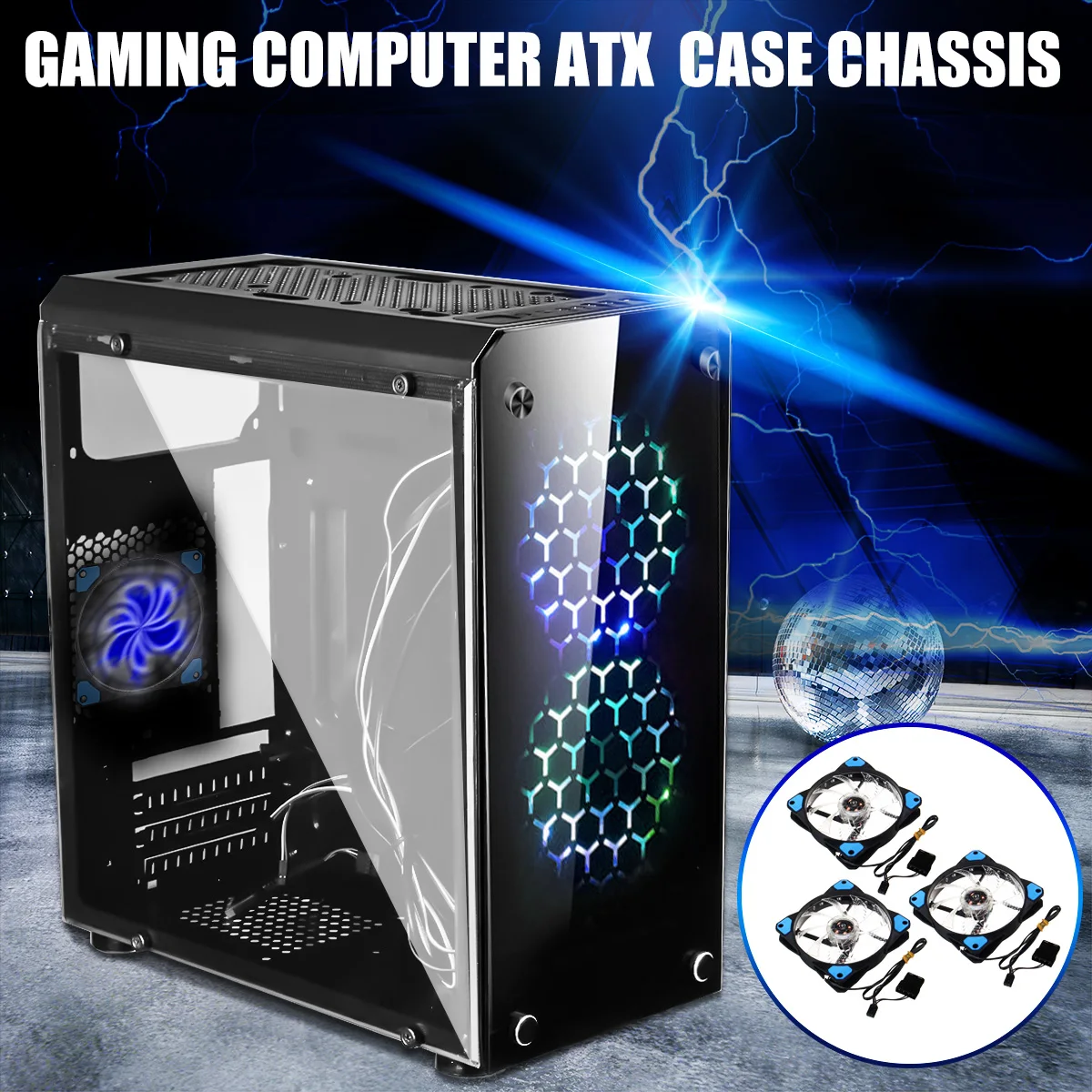 Pro Gaming Computer ATX PC Case Chassis USB 3.0 + 3 Blue Glowing Cooling Fans Computer Cases & Towers Computer Components Pro Gaming Computer ATX PC Case Chassis USB 3.0 + 3 Blue Glowing Cooling Fans Computer Cases & Towers Computer Components