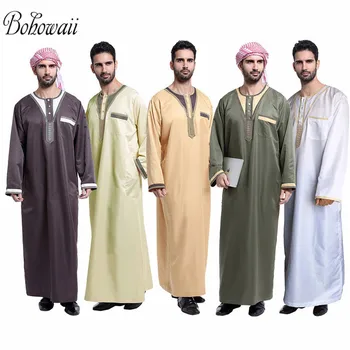

BOHOWAII Muslim Islamic Clothing Men Thobe with Long Sleeves Abaya S-3XL Baju Muslim Pria Casual Muslim Dress