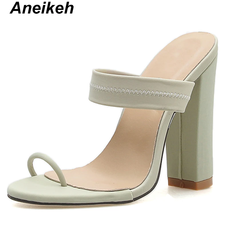 Aneikeh/ г. Новая модная обувь из pu искусственной кожи туфли женские шлепанцы с открытым носом однотонные босоножки с открытой пяткой на тонком каблуке черные, светло-зеленые Размеры 35-40