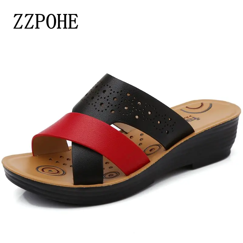 

ZZPOHE 2017 Summer new mom fashion slippers middle-aged slope soft bottom women slippers non-slip comfortable beach ladies shoes