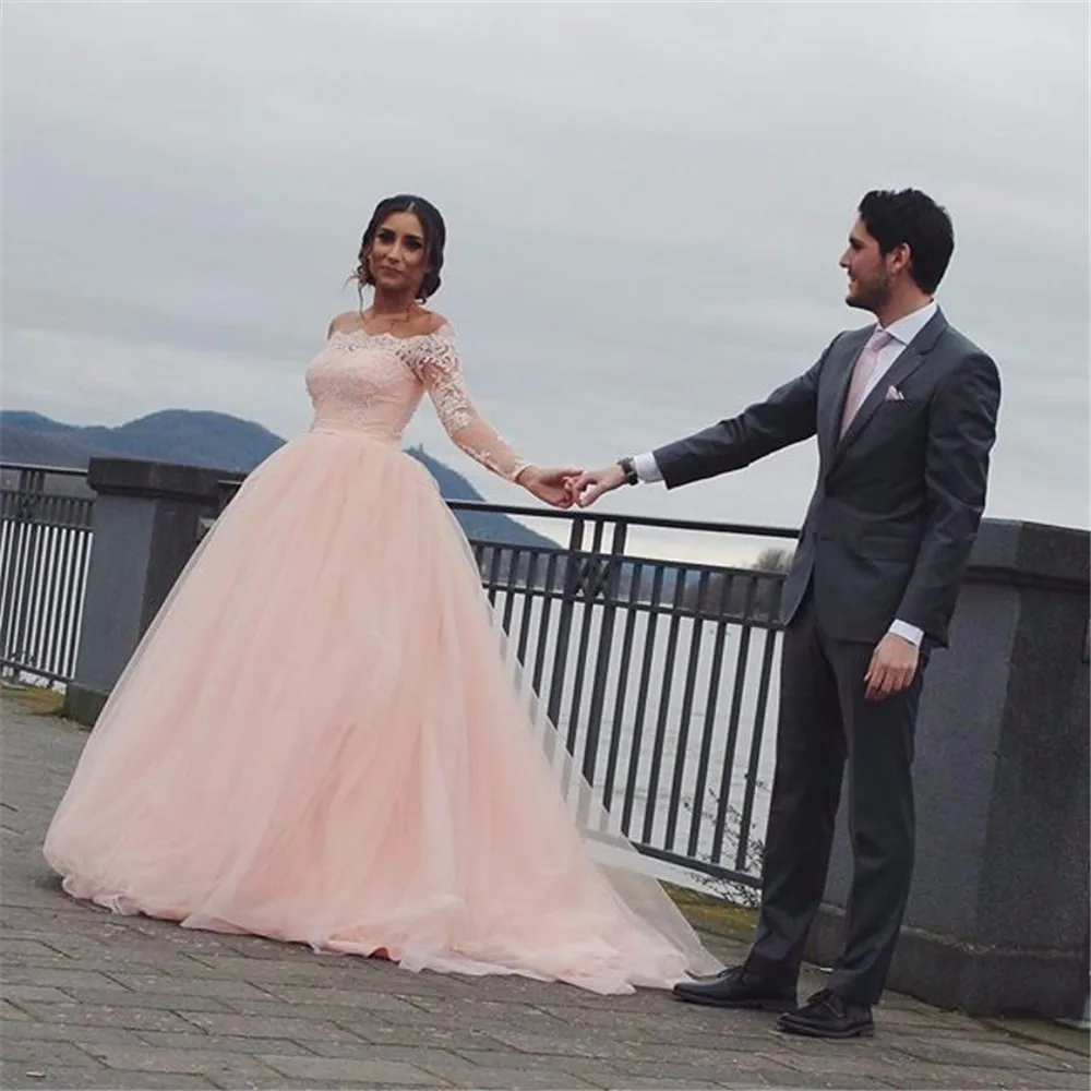 Don-s-Pink-Long-Sleeves-Wedding-Dresses-2016-A-Line-Off-Shoulder-Appliques-Lace-Bridal-Gowns (3)