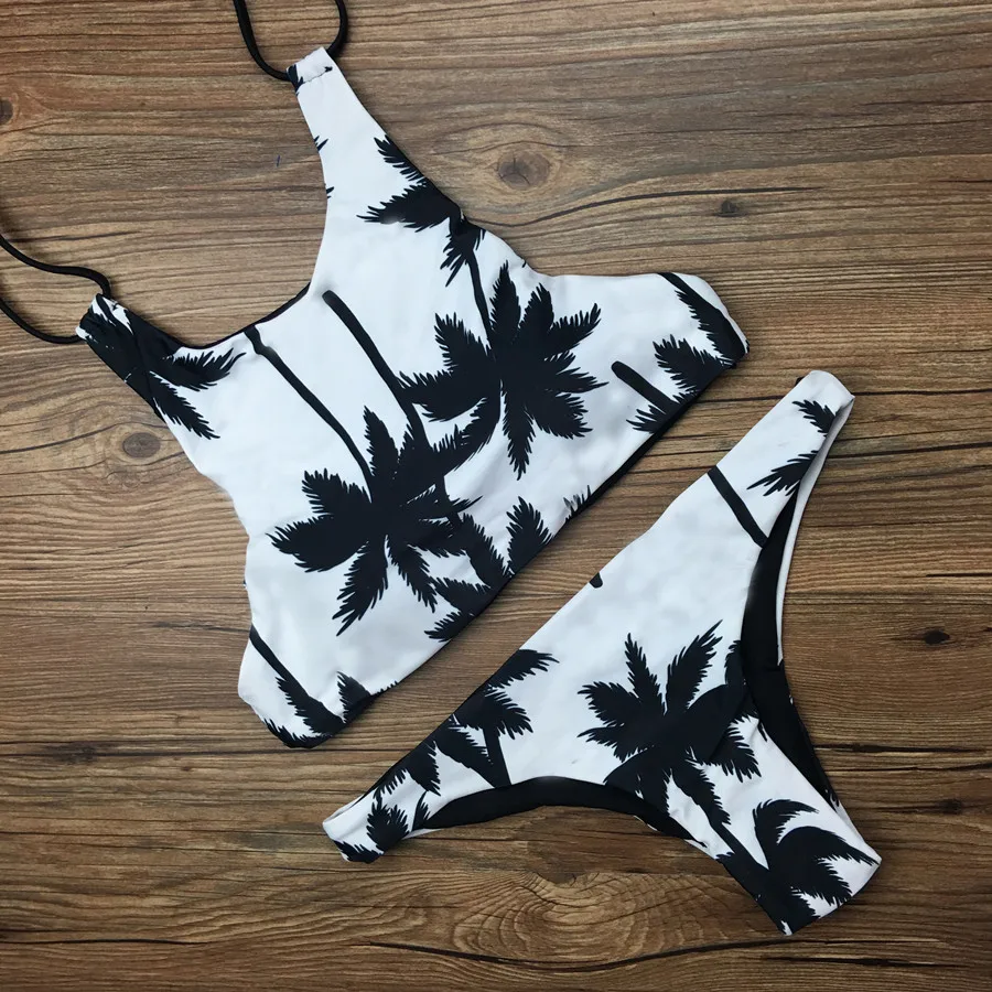 2017 High Neck Bikini Swimsuit Maillot De Bain Coconut Palm Print ...