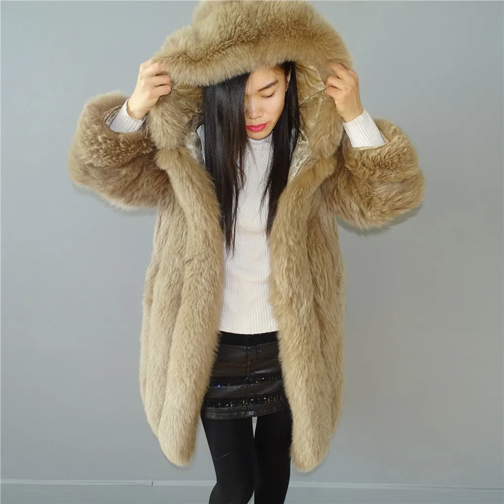 really fox fur coat vertical bar hat long sleeves fashion keep warm 50