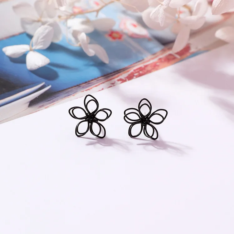 

2018 Elegant Hollow DIY Black Plum Flower Double Sided Stud Earrings Prom Wedding Gift Handmade Charm statement Korean Jewelry