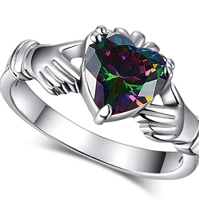 Huitan модное кольцо в форме сердца Claddagh с радугой CZ зубчатая установка посеребренное модное ювелирное изделие лучший подарок для влюбленных кольца для женщин