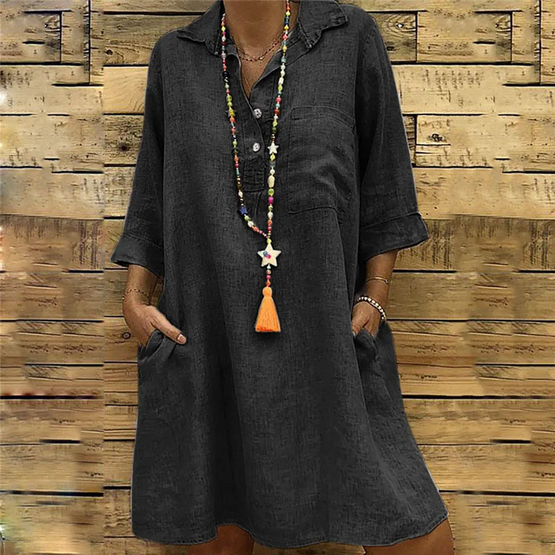 

Summer Dress Solid Boho Dresses Large Sizes Solid Turn-down Collar 3/4 Sleeve Casual Pocket Button Dress Bohemian Dress
