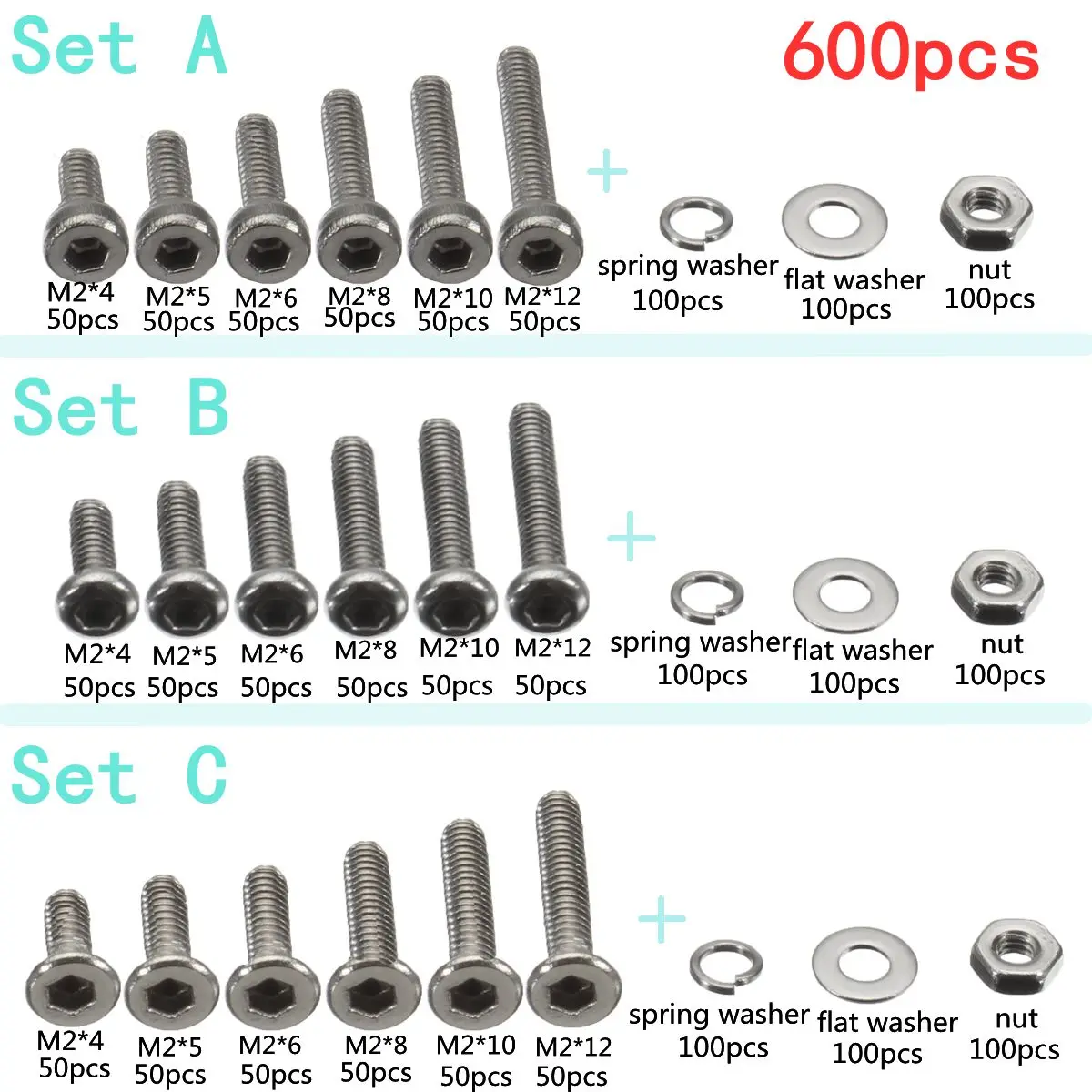 600 шт. M2 304 Винты с шестигранной головкой из нержавеющей стали болты головная Кнопка головка с плоской головкой винты гайки и шайбы Ассортимент Комплект с коробкой