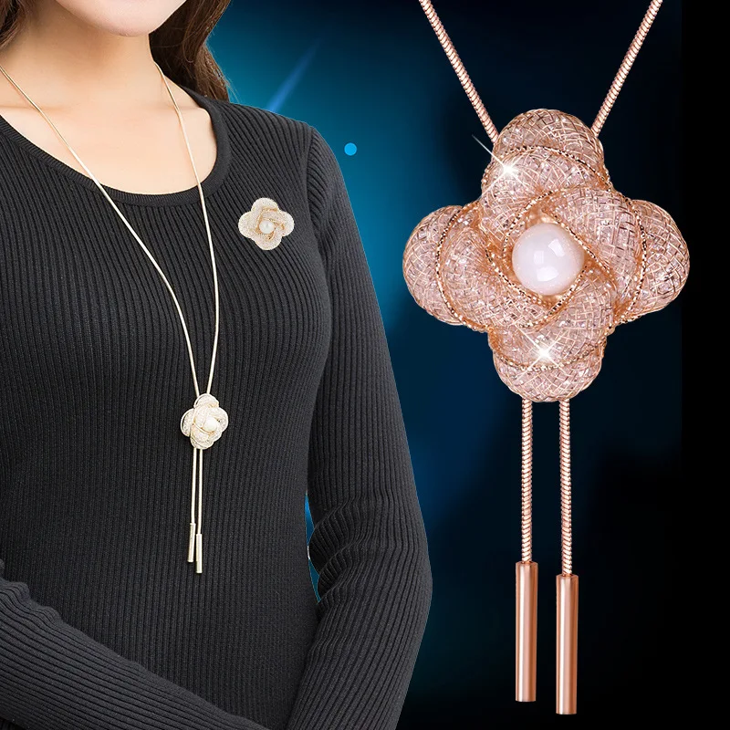 

BYSPT Fashion Double Mesh Chain Rose Simulated Pearl Necklace Gold Silver Color Crystal Mesh Net Long Necklace Seater chain