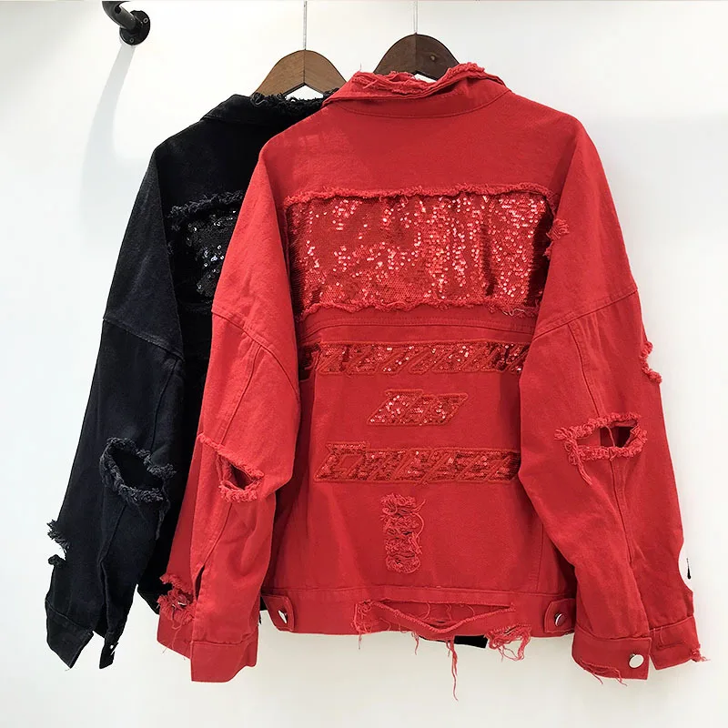 

DEAT 2019 Red Black Denim Jacket Cotton Loose Free Size Coat Autumn Big Size Hole Jacket Women Sequin Denim Jacket MF746