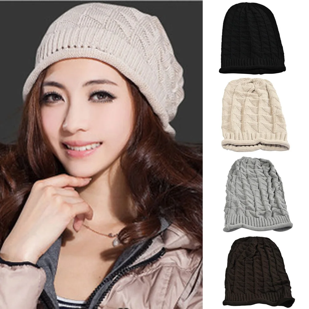 Women Knitted Winter Warm Hat Button Band Crochet Slouch Oversized Beanie Cap HATBD0021