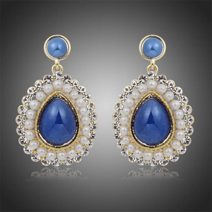 

Bohemia Yellow Gold Color Blue Pear With Pearls and Crystals Accent Drop Dangle Earrings For Women Party Jewelry Gifts