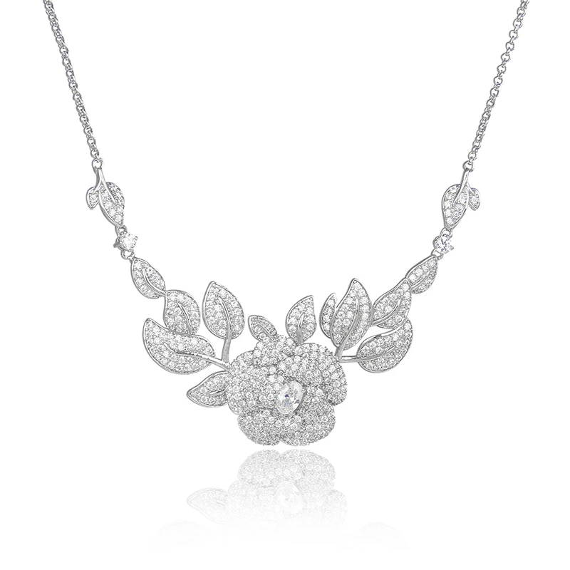 Luxury Platinum Plated Silver Pave Cubic Zirconia CZ Crystal Cluster Rose Flower Bridal Pendant Necklaces