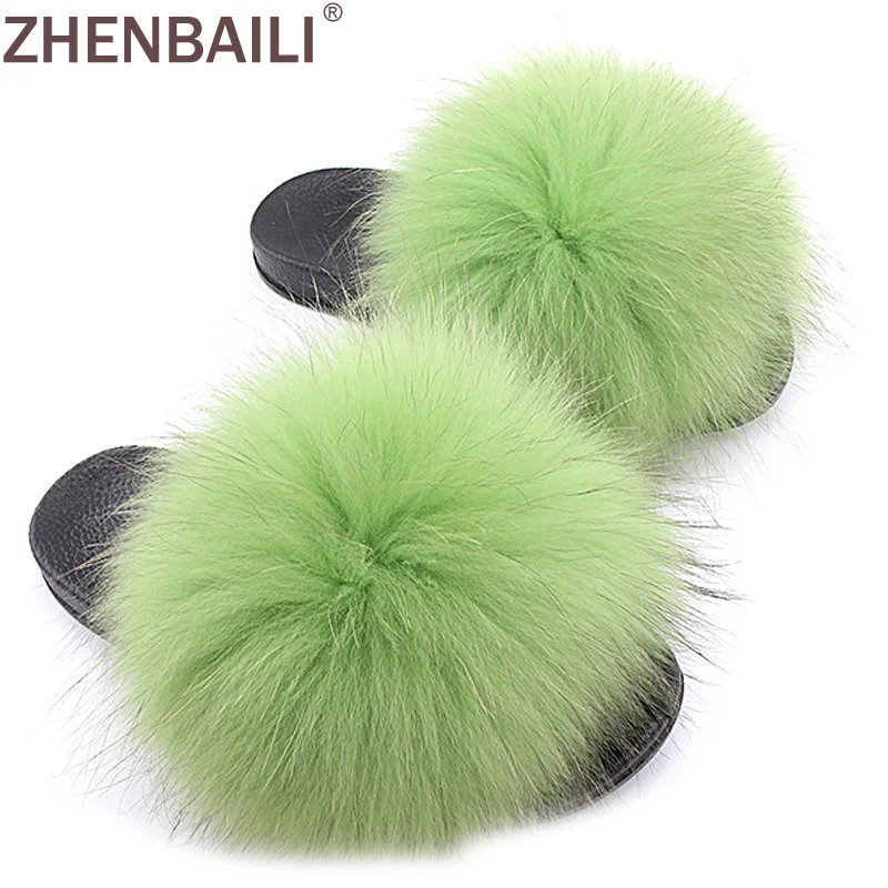 

ZHENBAILI Size 36-43 Summer Women Sandals Fashion Solid Big Fluffy Faux Fur Flat Sliders Soft Black Soft Ladies Slippers